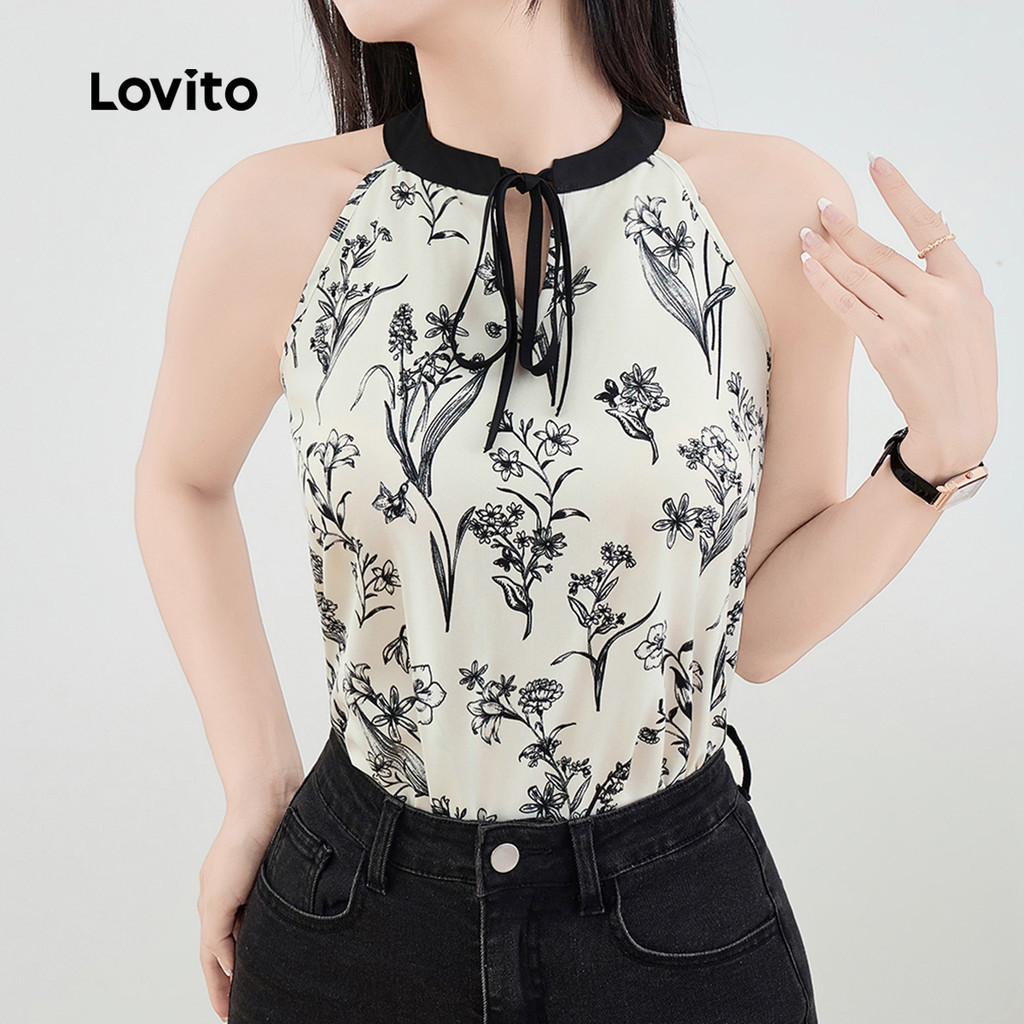 Lovito เสื้อกล้ามผูกเชือกลายดอกไม้สไตล์ลำลองสำหรับผู้หญิงในช่วงฤดูร้อน/ฤดูใบไม้ผลิ L131ED697