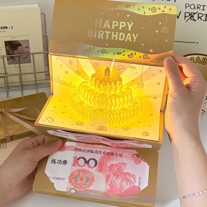 กล่องของขวัญวันเกิด แบบดึงเงินสด DIY/ อุปกรณ์ประกอบฉากกล่องของขวัญ ดนตรี+โคมไฟ ซองจดหมายสีแดง - รูปที่ 2