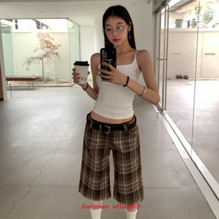 ❣Fortunee ❣ กางเกงขาสั้นสามส่วนสก๊อกน้ำตาลผู้หญิง สไตล์เก๋ๆเ…