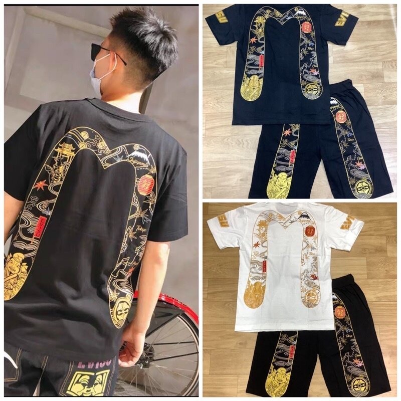เสื้อชุดเซทคอกลมEvisuพิมพ์ทองอีวิซุ️งานHi-endผ้าดี หลวม การ์ตูน เสื้อกีฬา สีดำ เซ็กซี่