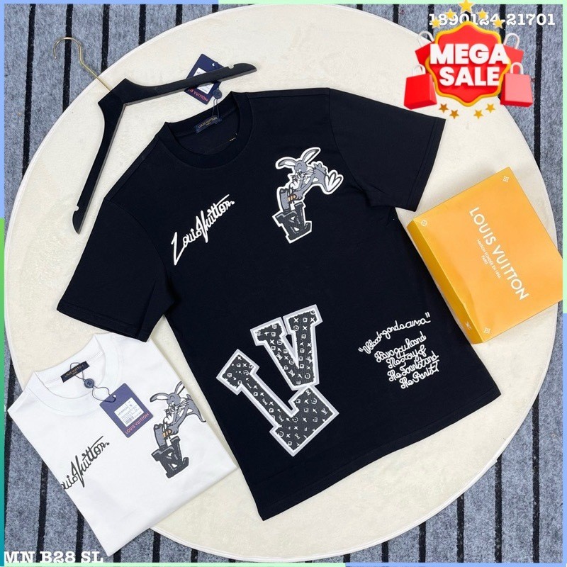 LV เลเวล เสื้อยืดผู้ชายและผู้หญิงพิมพ์ลายกระต่ายสีดําและสีขาวสไตล์ฤดูร้อนที่ต้นไม้สําหรับผู้ชายและผู