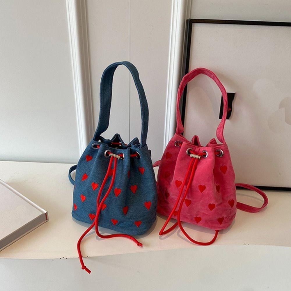 CARAMELO Bucket Tote Bags กระเป๋าผ้าแคนวาสรูปหัวใจความจุขนาดใหญ่ กระเป๋าถือใต้วงแขนแบบใช้ซ้ําได้น่ารัก