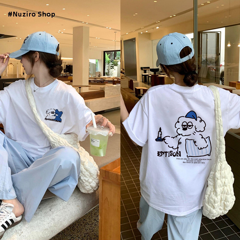 Nuziro Oversize Tee - เสื้อยืดแขนสั้นพิมพ์ลายสุนัขน่ารักสําหรับผู้หญิง #1886
