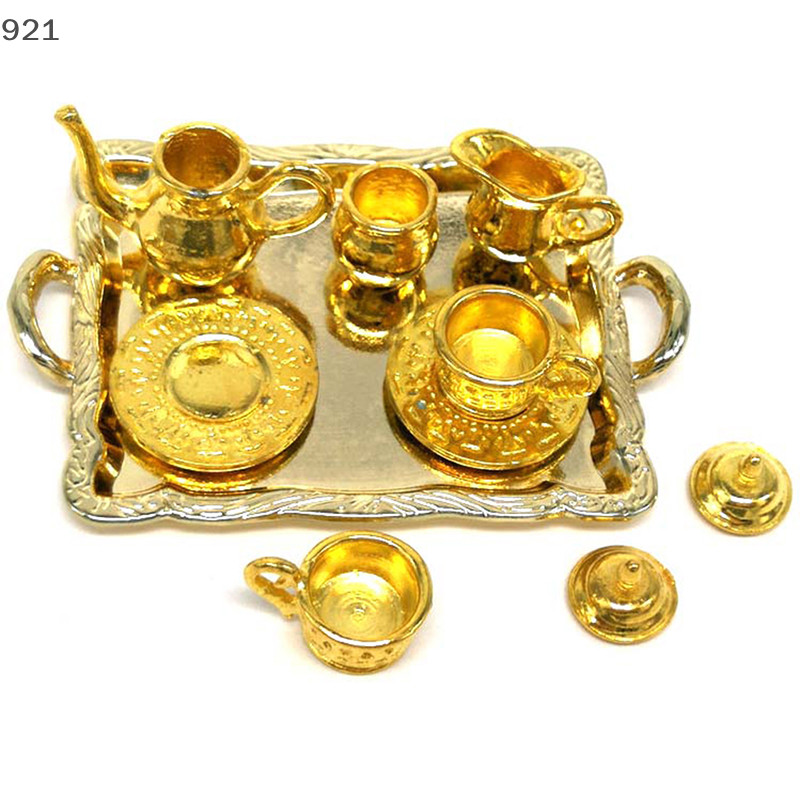 Yueyanaaa 10 ชิ้น 1: 12 เฟอร์นิเจอร์บ้านตุ๊กตา Miniature Dining Ware ถ้วยชาโลหะชุดจานเดิม Ssnkn คอเต่า