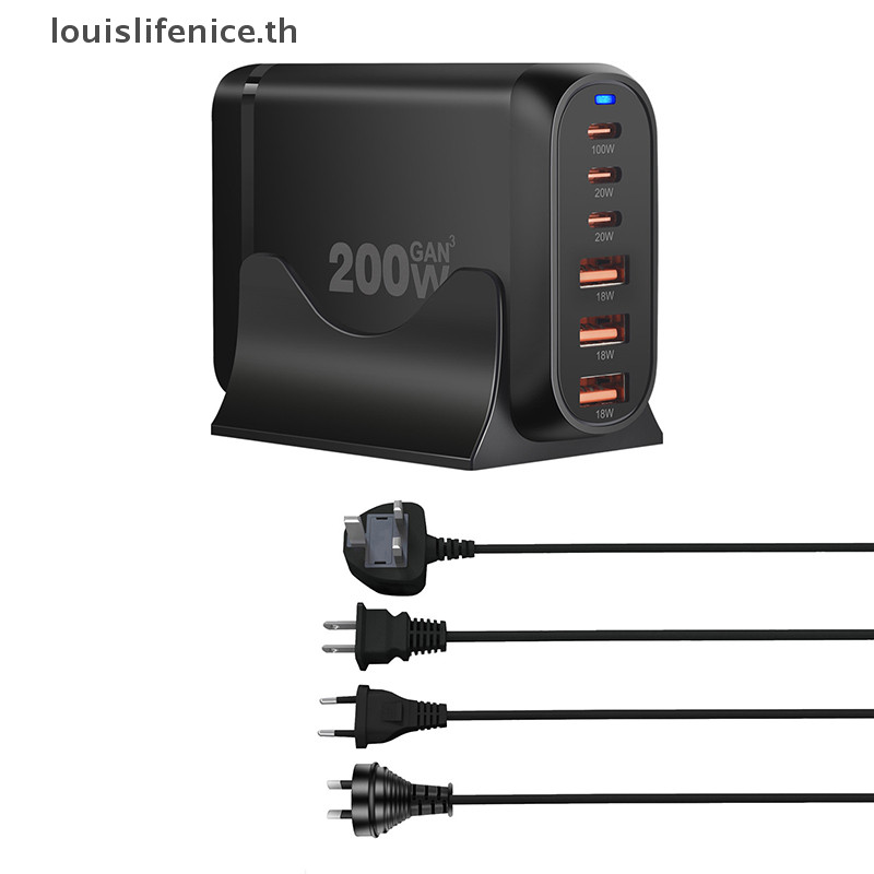 LNTH 200W 6 พอร์ต USB Type-C Fast Charger Multi-function Desk Charger Power Station สําหรับโทรศัพท์ส