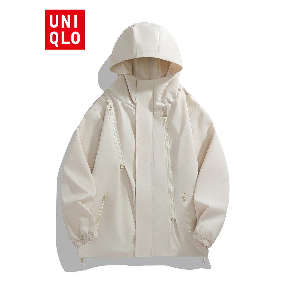 UNIQLO ยูนิโคล่ เสื้อแจ็คเก็ตมีฮู้ดทรงหลวมในเสื้อแจ็คเก็ตกันลมและกันน้ําสีทึบในฤดูใบไม้ร่วง
