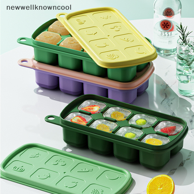 Newwellknowncool 1 PC 8 เซลล์แม่พิมพ์ซิลิโคนเกรดอาหารตารางน้ําแข็งพร้อมฝาปิดถาดน้ําแข็งทํา Mould กล่องเก็บน้ําแข็งนํากลับมาใช้ใหม่ DIY อุปกรณ์ครัว AAD