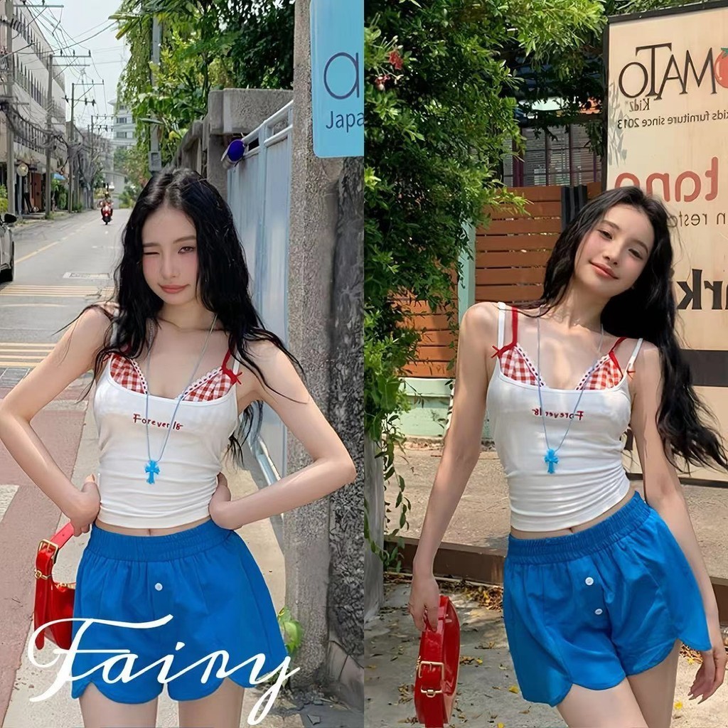 Fariy Tay เสื้อกั๊กทูพีซ~มีแผ่นรองหน้าอก สาวอเมริกันสุดฮอตดีไซน์สายเอี๊ยมลูกไม้เซ็กซี่พร้อมเสื้อกั๊กชุด 2 ชิ้น