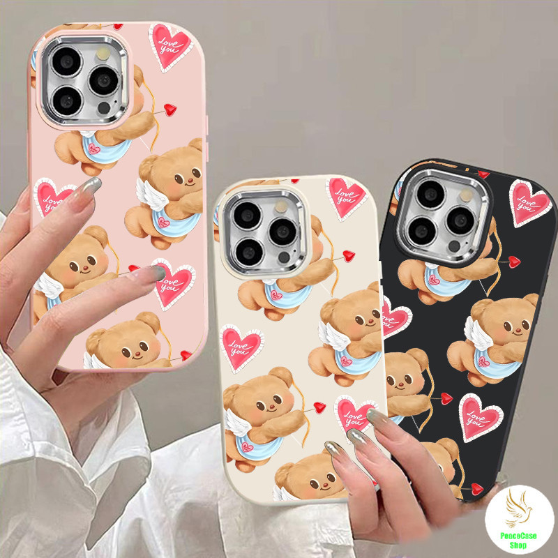 สำหรับ iPhone 7 8 X 11 12 13 14 15 น่ารักหมีน้อยกามเทพ กรอบรูปโลหะ Chubby กรณีโทรศัพท์มือถือสร้างสรรค์สำหรับ Unisex