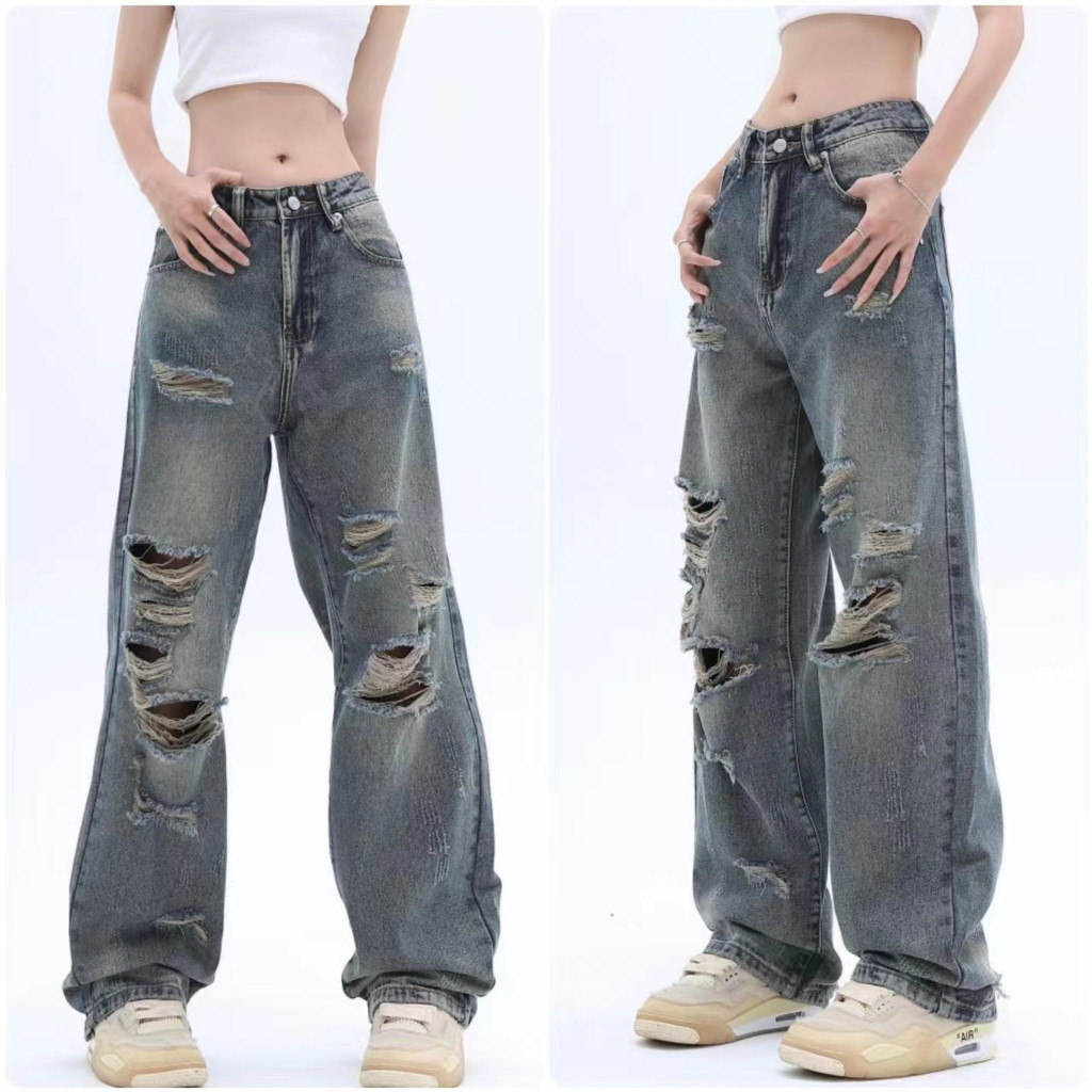 กางเกงยีนส์ผู้หญิง American Retro Style New Ripped Jeans กางเกงยีนส์ทรงตรงทรงหลวมผู้หญิง ส่งจาก กทม.
