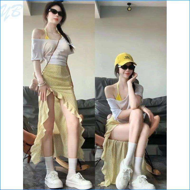 สูท ผู้หญิงที่ไม่มีสายหนังแขนสั้นเสื้อยืดด้านบนสลิงกระโปรงดอกไม้