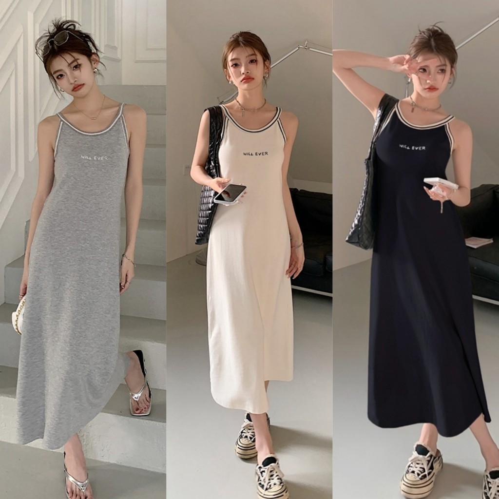 Hotgirl พร้อมส่ง เดรสผู้หญิง ชุดเดรสสายเดี๋ยว ผ้ายืดรูปทรงสวย ชุดแขนกุดแฟชั่น รุ่นใหม่ฤดูร้อน ลําลอง จดหมายพิมพ์ สไตล์เกาหลี
