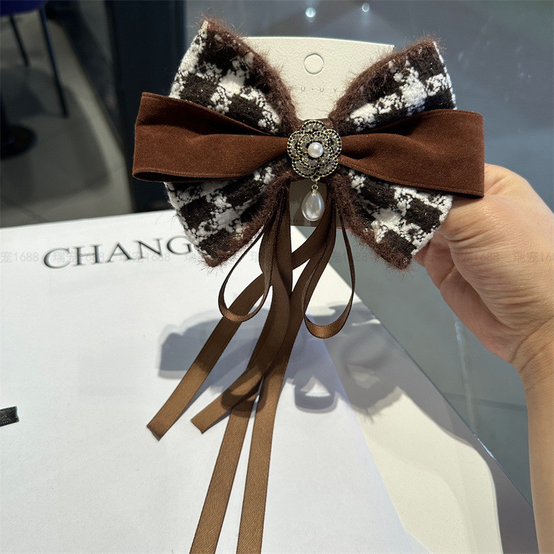 สไตล์คุณภาพระดับไฮเอนด์ Camellia Bow Back Head กิ๊บติดผมครึ่งผูกริบบิ้นยาวคลิปฤดูใบไม้ผลิ
