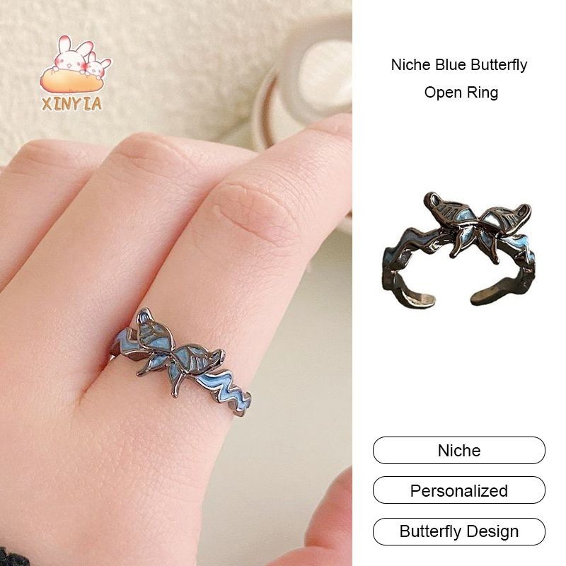 Xinyiongr-niche Blue Butterfly Open Ring Women Punk Style Personalified Index Finger Ring Simple RingSYIA.TH