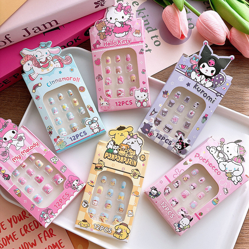 SANRIO น่ารัก ซานริโอ พิมพ์เด็กเล็บสติกเกอร์ คุโรมิ ทํานอง ซินนามอนโรล ที่ถอดออกได้ปลอมเล็บ ปะ สวมใส่เล็บสําหรับเด็กผู้หญิง