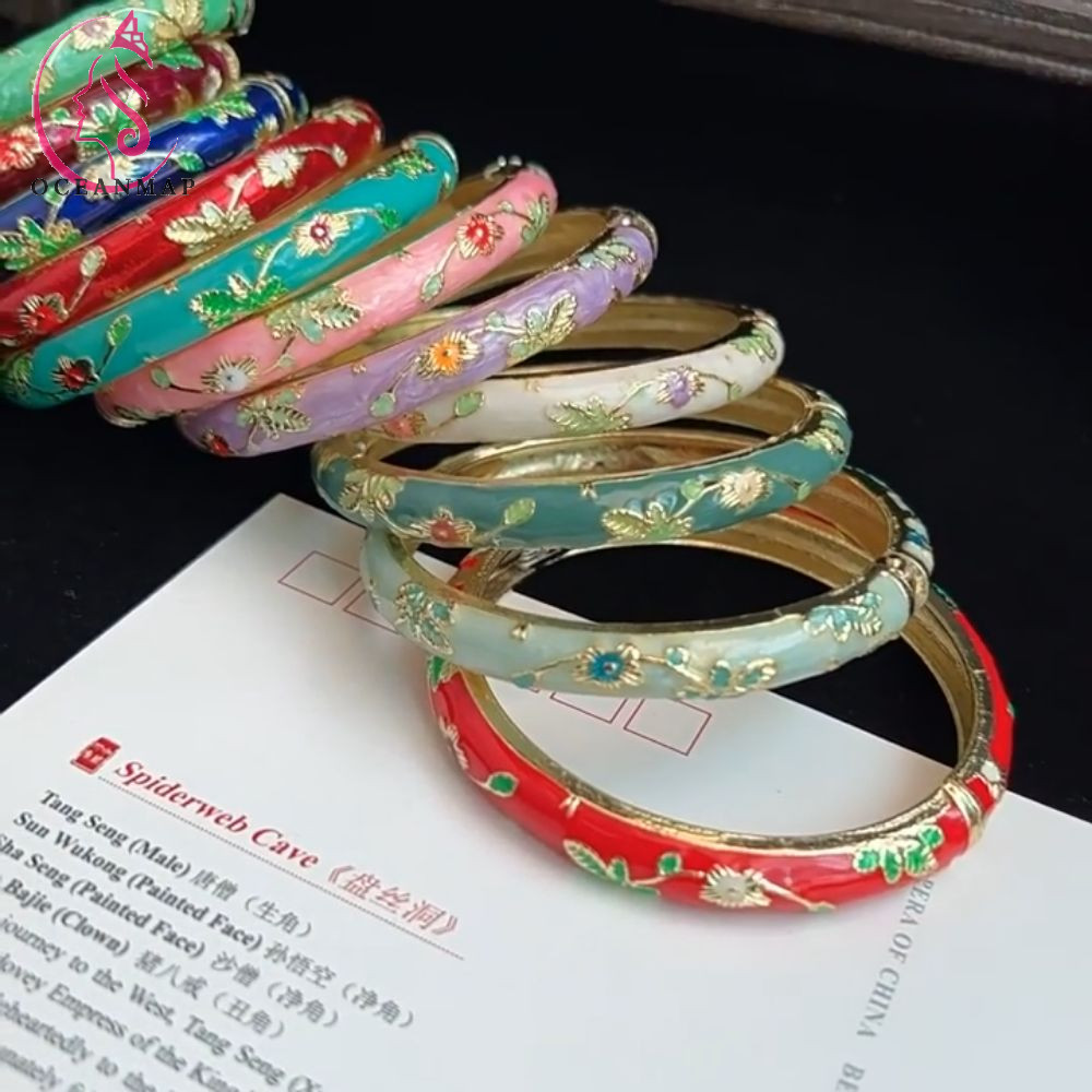Oceanmap สร้อยข้อมือจีน Cloisonne, เคลือบกําไลข้อมือคู่ Peony Filigree ดอกไม้กําไลข้อมือ, อินเดียจีนคลาสสิกชาติพันธุ์ผู้หญิงมือสร้อยข้อมือของขวัญสําหรับผู้หญิงสาว