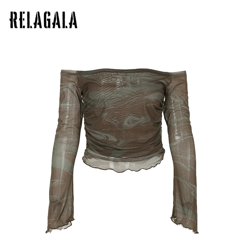 Relagala Womens 2024 แฟชั่นใหม่ปิดไหล่ตาข่ายพิมพ์เสื้อยืดอเนกประสงค์แขนยาว