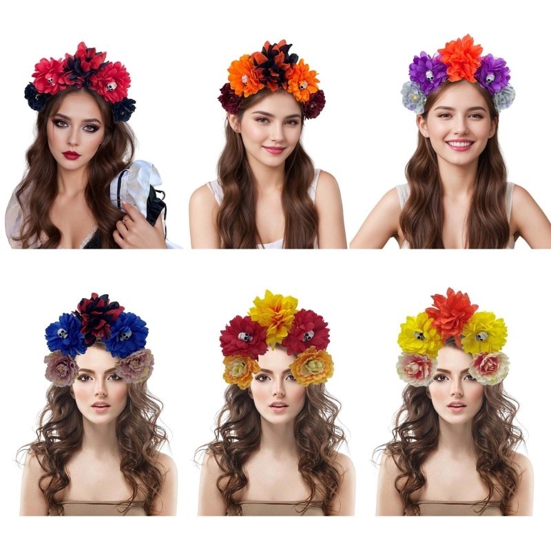 Whi Handmade Skull Headband Girl Witch Headwear Skull Dark ดอกไม้ Fursuit Masquerades ฮาโลวีนแม่มด P