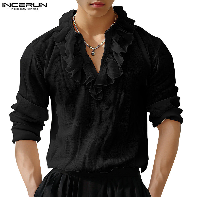 Incerun เสื้อเชิ้ตแขนยาวผู้ชาย Ruffle Patchwork ครึ่ง Placket