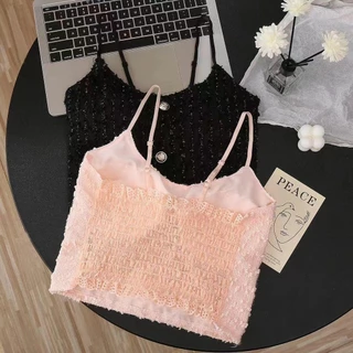 #252 เสื้อครอปสายเดี่ยว ผ้าลูกไม้แต่งกระดุมทอง สีหวานสวย สม๊อคหลัง สินค้าพร้อมส่ง