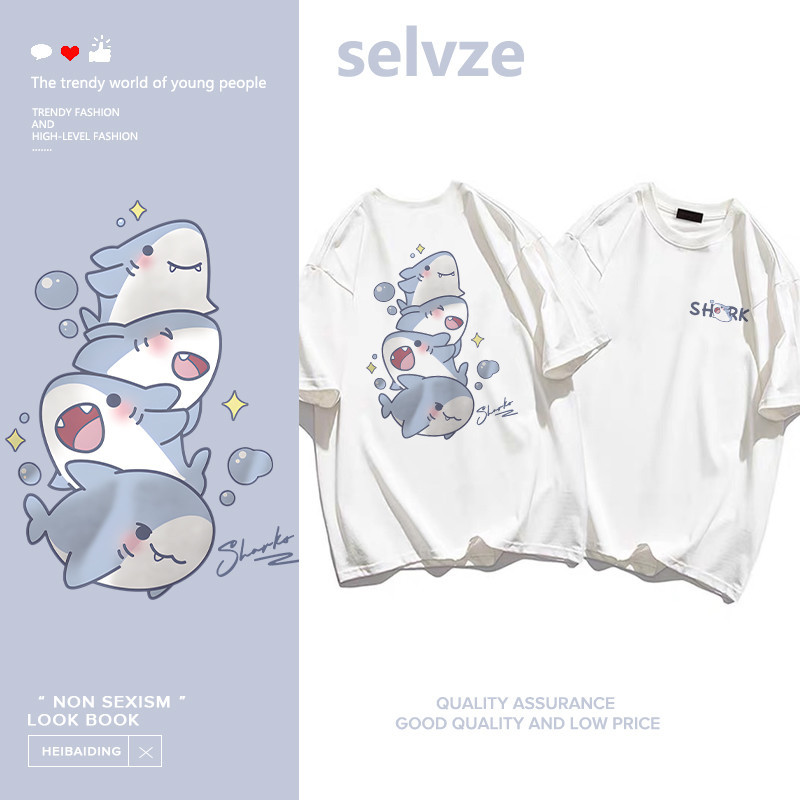 ซื้อ SELVZE（จัดส่งตลอด 24 ชั่วโมง） Printed T-shirt，ฉลามการ์ตูนน่ารักพิมพ์เสื้อยืดแขนสั้นหลวม T2017