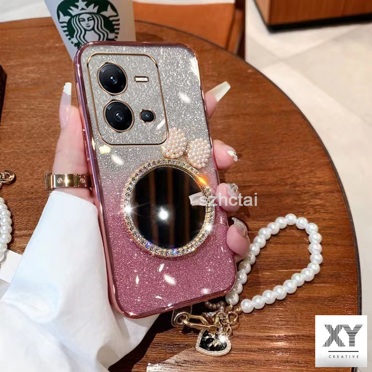 เคส Vivo V30Pro Y17S Y27S Y36 Y35 Y22 V25 Y02S Y02A Y30 5g T1X Y01A Y33S แวววาว เปลือก ล้างเปลือกหอยมุกโบว์กระจกแต่งหน้า พร้อมสร้อยข้อมือสําหรับเด็กผู้หญิง เคสโทรศัพท์ Vivo V30Pro Y17S Y27S Y36 Y35 Y22 V25 Y02S Y02A Y30 5g T1X Y01A Y33S