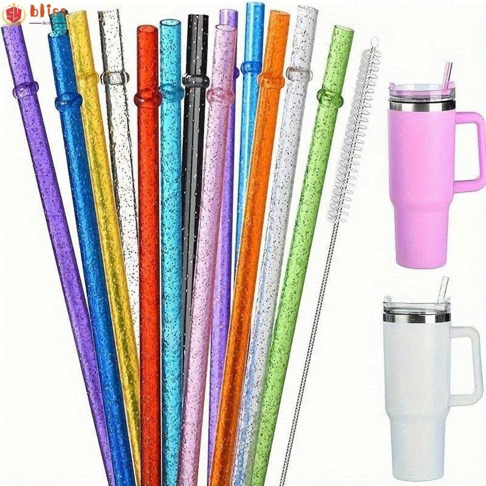 Blliss 1PC ผงทองหลอดพลาสติก, แบบพกพารถ Travel Cup Straw Glitter Straw, นํากลับมาใช้ใหม่ด้วยแปรงทําคว