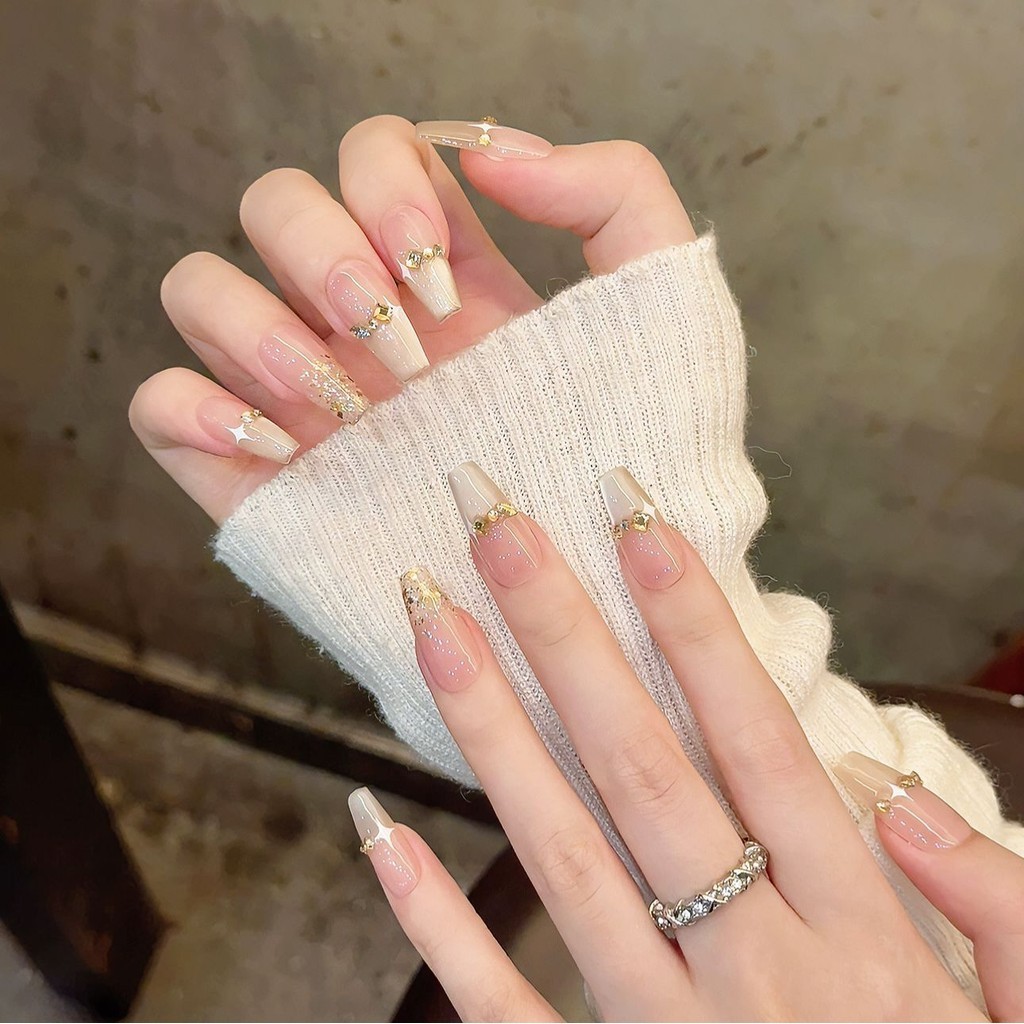 [ทำด้วยมือ] เล็บเทียมไล่โทนสีแมวตายิ้มฝรั่งเศสแชมเปญเพชรส่องไฟกดบนเล็บเล็บนำมาใช้ใหม่และถอดออกได้ด้วย Toolkit