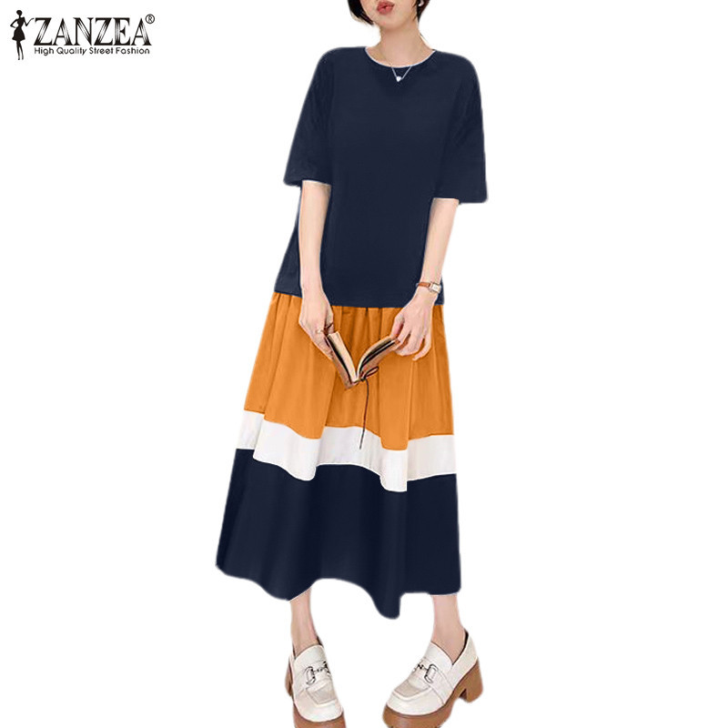 Zanzea ชุดเดรสคอกลมแขนสั้นทรงหลวมแฟชั่นเกาหลีสําหรับผู้หญิง