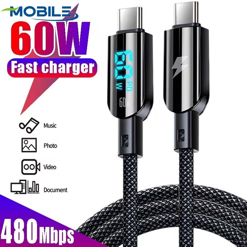 60w Nylon Braided Data Charger Cord - Quick Data Charger Wire - Fast Charging Type C To USB C Digital Display Data Cable - For Phone15 Samsung