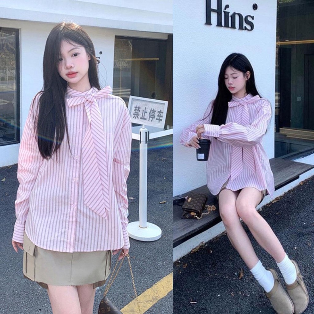Dahong 🔥 เสื้อเชิ้ตแขนยาวผู้หญิง สีชมพู oversize เสื้อเชิ้ตลายทางแขนยาว งานเกาหลีมากก สาวหวาน w440