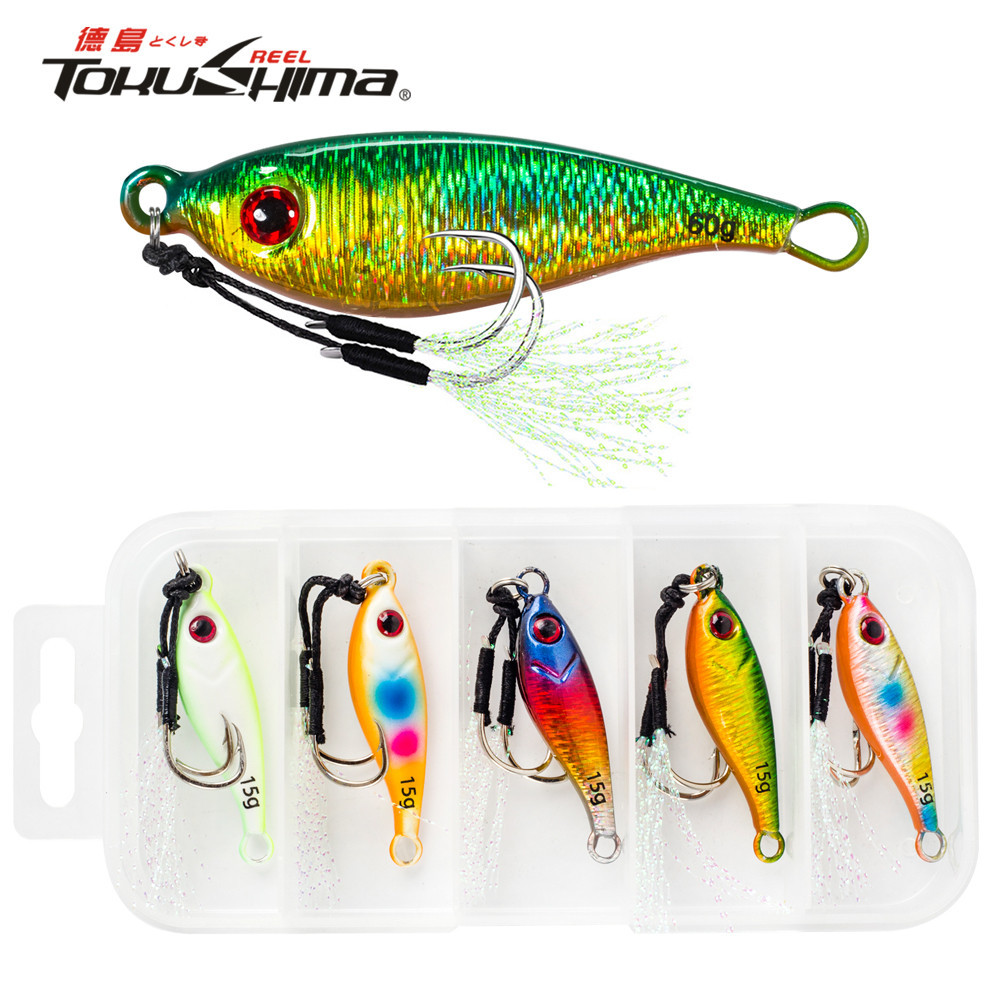 5 ชิ้น/กล่องช้าจิ๊กโลหะ Jigging ช้อน 5 สีโลหะปลาเหยื่อ Hard Lure Luminous เหยื่อคู่ Assist Hook ตกปลา Micro Jig