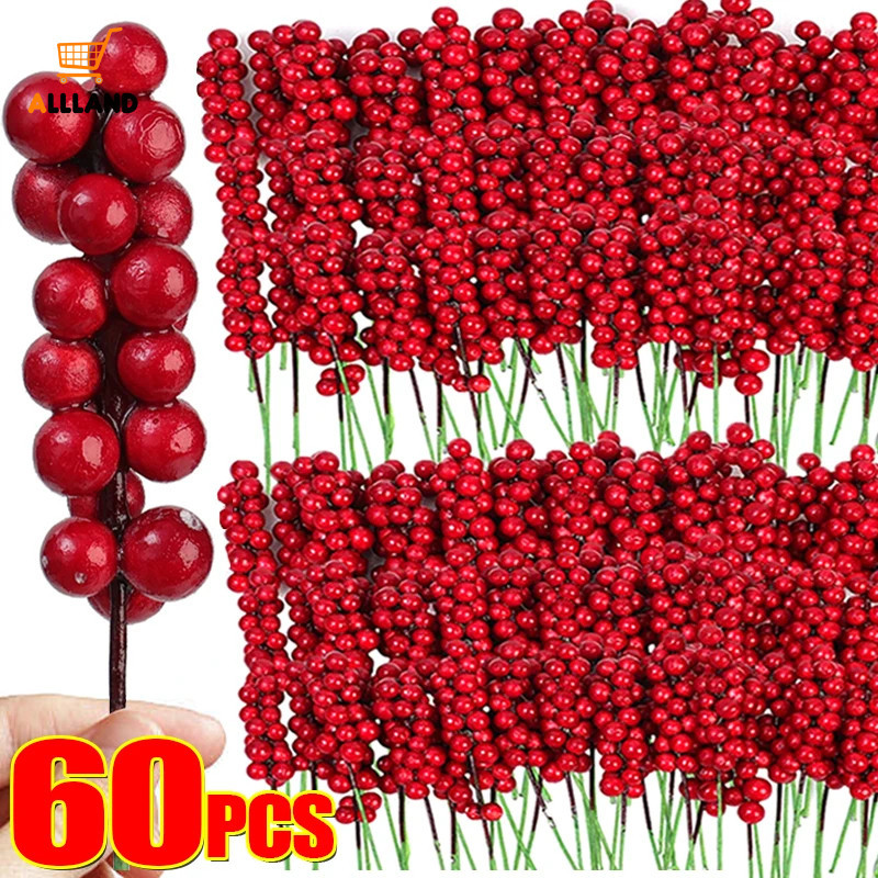 20/30/60pcs Mini ประดิษฐ์ Berry คริสต์มาสจําลอง Berry ตกแต่ง - จําลอง Red Berry สาขาช่อดอกไม้ - DIY Xmas Tree พวงหรีดตกแต่ง
