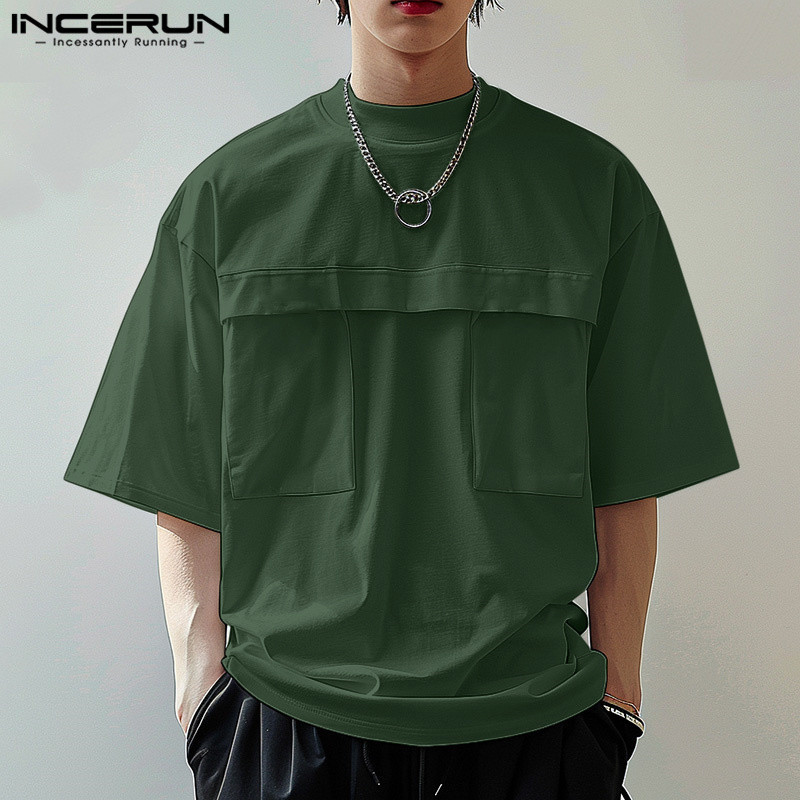 ไม่แน่นอน ผู้ชายเกาหลีที่เรียบง่ายกระเป๋าสามมิติสีทึบแขนสั้นเสื้อยืด