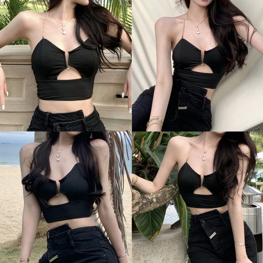 Bonnie ​เสื้อคล้องคอ ไม่มีฟองน้ำ เว้าเอว เซ็กซี่ สีดำพื้นๆ เสื้อกล้ามผู้หญิง สไตล์ y2k ใส่สบายสุดๆ รัดตามตัว#FY1165