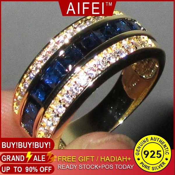แหวนเพชรสี่เหลี่ยมไพลินเพชรเพชรเต็ม 18K Gold Rhinestone แหวนสุภาพสตรีชาย-NJ