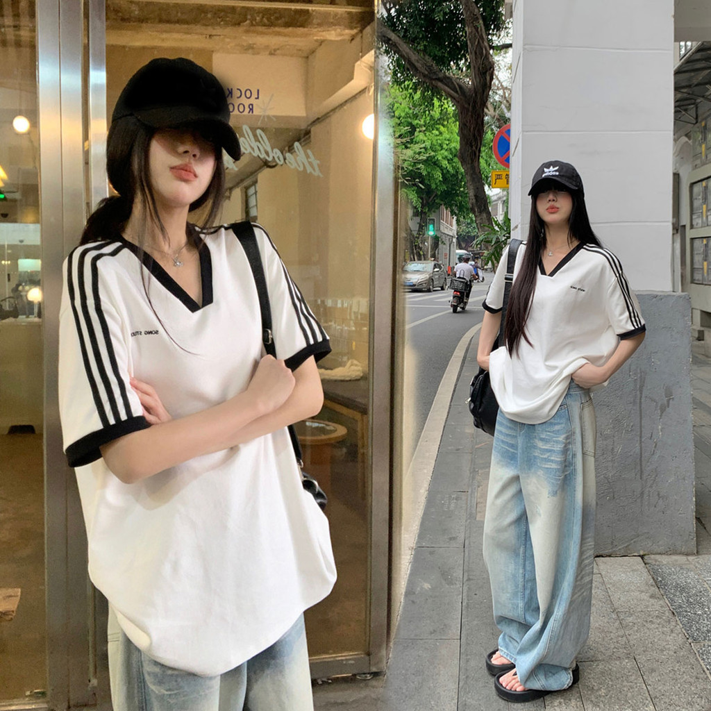 Dahong 2654 พร้อมส่ง เสื้อยืดโอเวอร์ไซส์ คอวี oversize เสื้อยืด เกาหลี ลายทาง แฟชั่นสไตลเกาหลี xxl