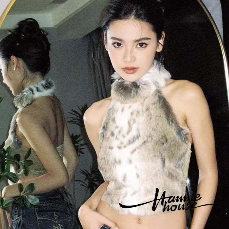 Hanie House- เสื้อกล้ามคล้องคอตุ๊กตาพิมพ์ลายเสือดาวเปิดหลังสําหรับผู้หญิง
