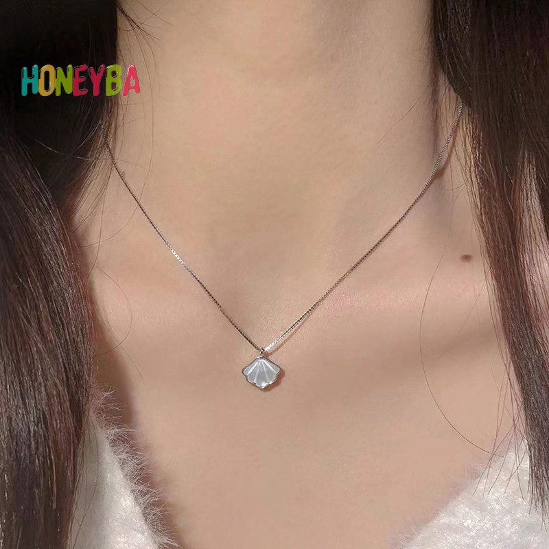 <Honeyba> Simple Moonstone Shellสร้อยคอจี้สีเงินClavicle ChainChokerสําหรับผู้หญิงสาวElegantเครื่องประดับอุปกรณ์เสริมของขวัญNice