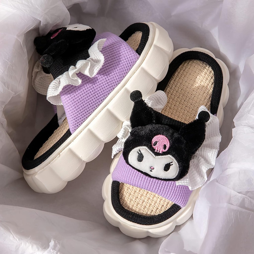 รองเท้าแตะ น่ารัก Cinnamaroll Sanrio Kuromi Kitty Furry Slides - การ์ตูนผู้หญิงผ้าลินินรองเท้าแตะ Mute ผ้าลินินรองเท้าสไลด์สําหรับผู้หญิง