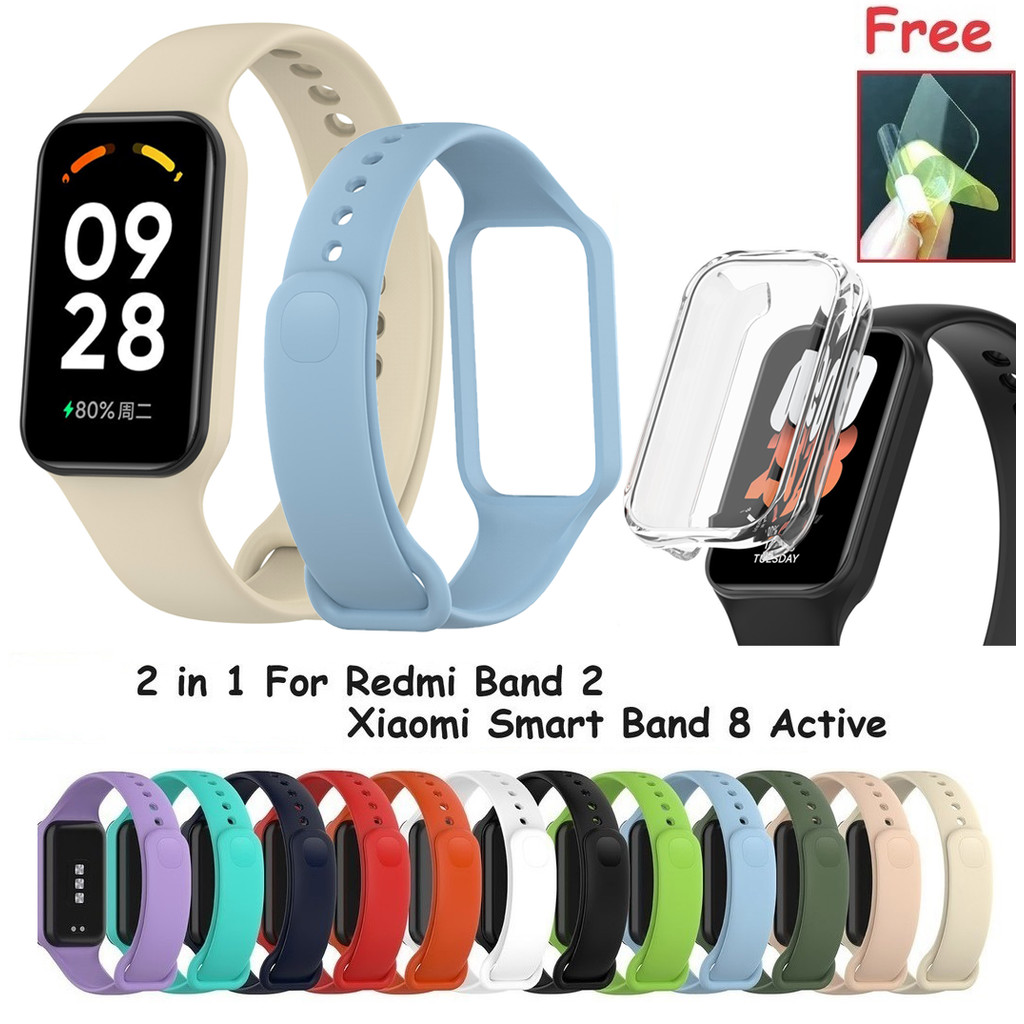 สายรัดซิลิโคน + เคสสําหรับ Redmi Band 2 Xiaomi Smart Band 8 Active Soft Tpu Cover กันน้ํากีฬาวงสายรัดข้อมือแฟชั่น