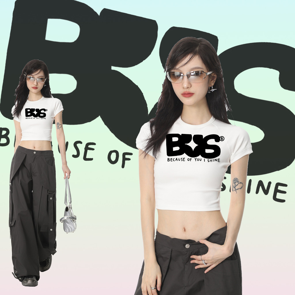 BUS because of you i shine T-Shirt เสื้อยืดผู้หญิง คอกลมอรัดรูปน่า เเสื้อรัดรูป ผ้าCotton 100% ใส่ได้ ทั้ง ชาย ใส่สบาย ไม่หด ไม่ย้ 40-55 กก Short Top_G07