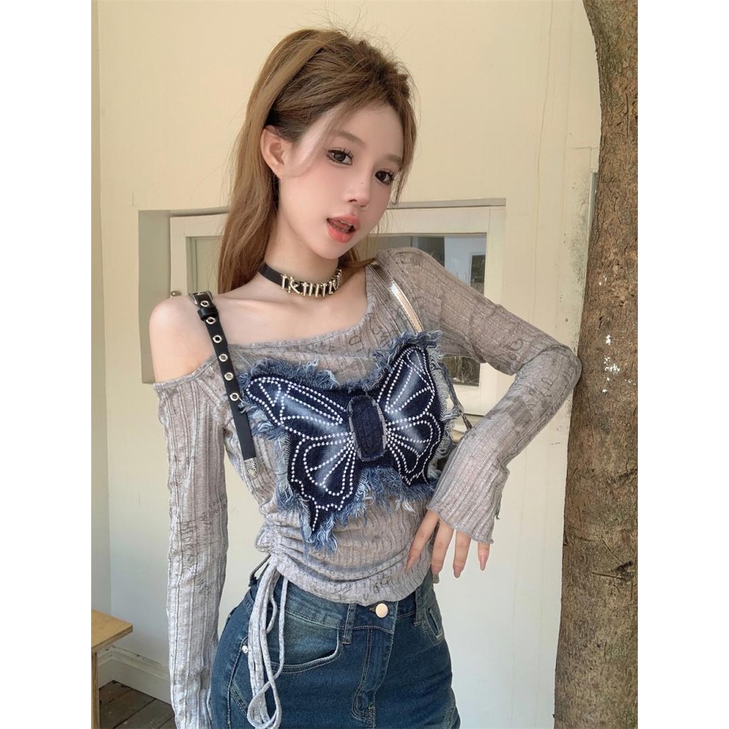 Denim Chic off-the-Shoulder American Bottoming Shirt Autumn Women's Unique Top Slim-Fit Short Long Sleeve Retro Patchwork Oblique Shoulder