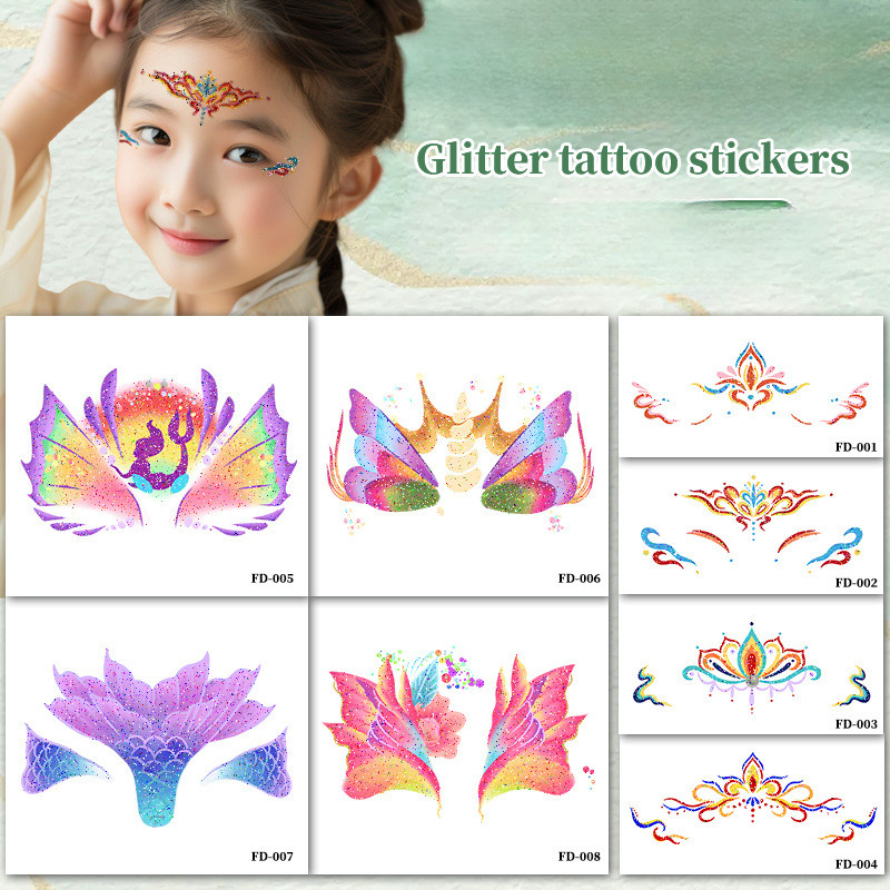สติกเกอร์คิ้วแวววาวหน้าผาก ฮันฟู แต่งหน้าที่มีสีสันแสดงรอยสักชั่วคราวกันน้ําสติกเกอร์กันเหงื่อ
