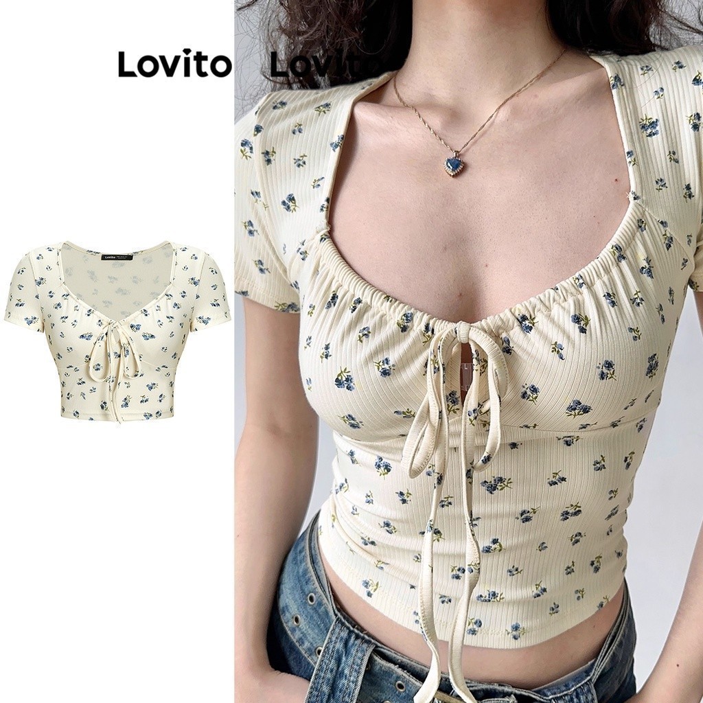 Lovito เสื้อครอปผู้หญิง ผูกเชือก ลายดอกไม้ดิสซี่ สไตล์ลำลอง L62ED029 (หลากสี)