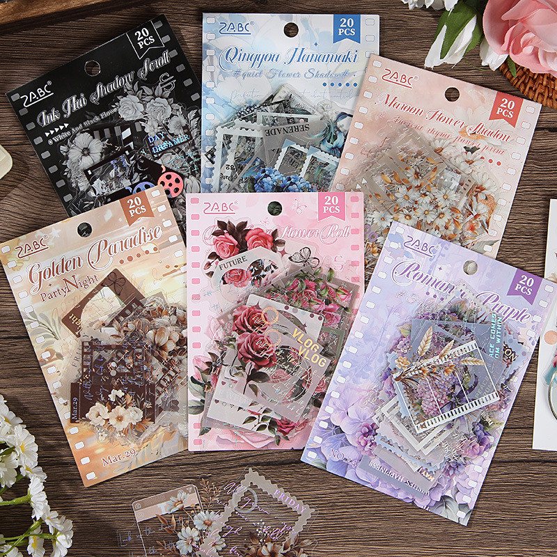 Journamm 20 ชิ้น/แพ็คสติกเกอร์ PET ดอกไม้รูปแบบ Border Decor Junk Journal DIY Srapbooking Creative เครื่องเขียน Art Collage Photoa อัลบั้ม