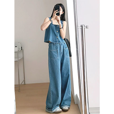 Short Retro Set Denim Top Sleeveless Wide Leg Loose Women's Hong Kong Style Suspender Trousers Two-Piece Set Summer High Waist