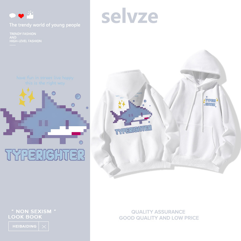 SELVZE（จัดส่งตลอด 24 ชั่วโมง） Printed Hoodie，ฉลามการ์ตูนน่ารักพิมพ์บางเสื้อฮู้ดแขนยาว P000028