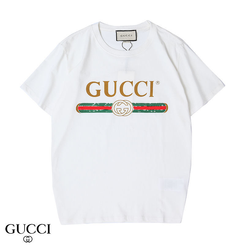 เสื้อยืด Gucci ฤดูร้อนผ้าฝ้ายแท้ All-Match ผู้ชายผู้หญิงเสื้อยืดแขนสั้นสไตล์เดียวกัน