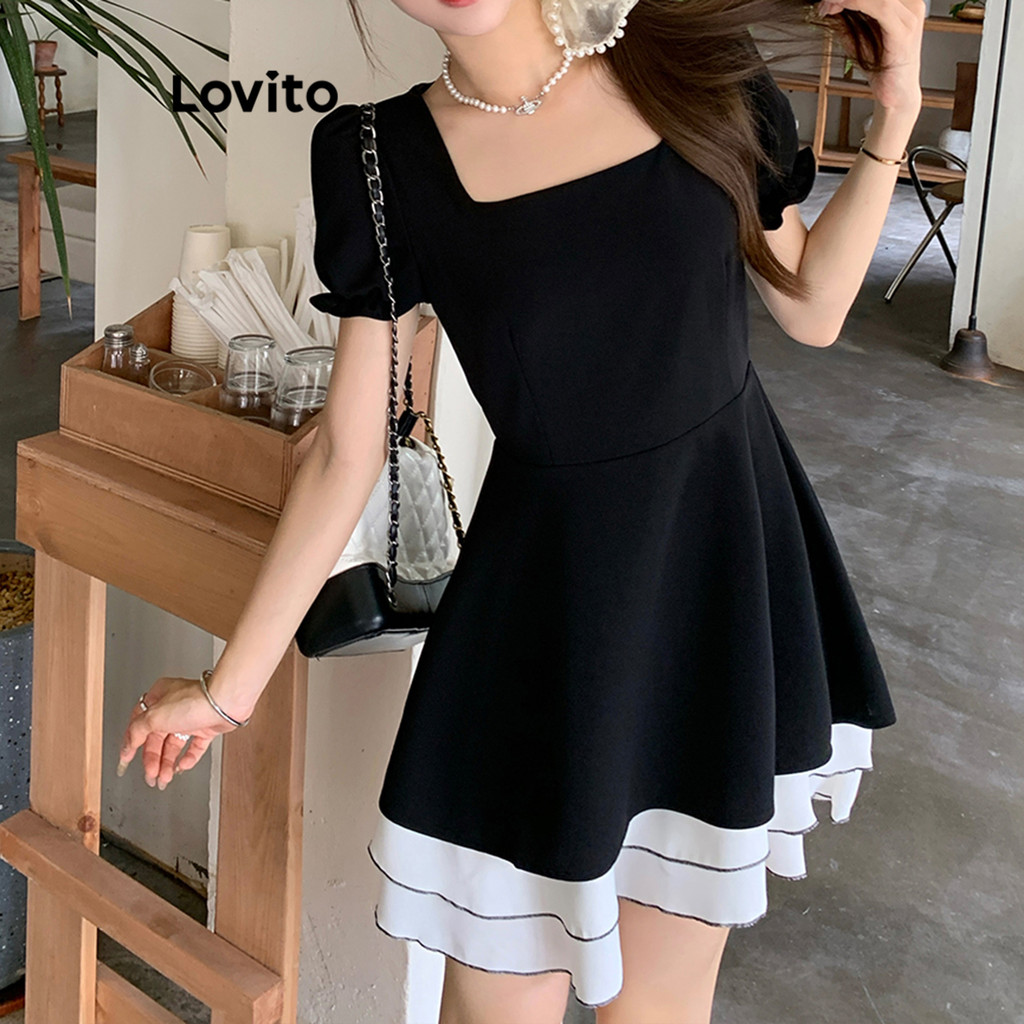 Lovito ชุดเดรส บล็อกสี เย็บปะติดปะต่อกันแบบสบาย ๆ สำหรับผู้หญิง LNE77268